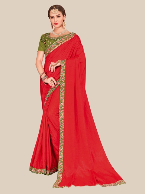 

UNITED LIBERTY Red & Green Woven Design Zari Art Silk Block Print Saree