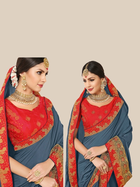 

UNITED LIBERTY Grey & Red Embroidered Art Silk Block Print Saree