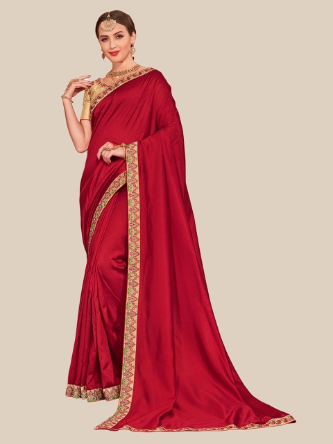 

UNITED LIBERTY Red & Gold-Toned Zari Art Silk Block Print Saree