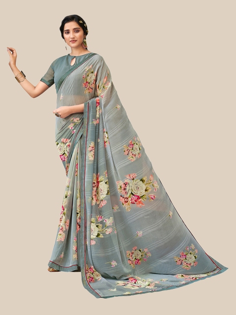 

UNITED LIBERTY Grey & Pink Floral Pure Georgette Block Print Saree