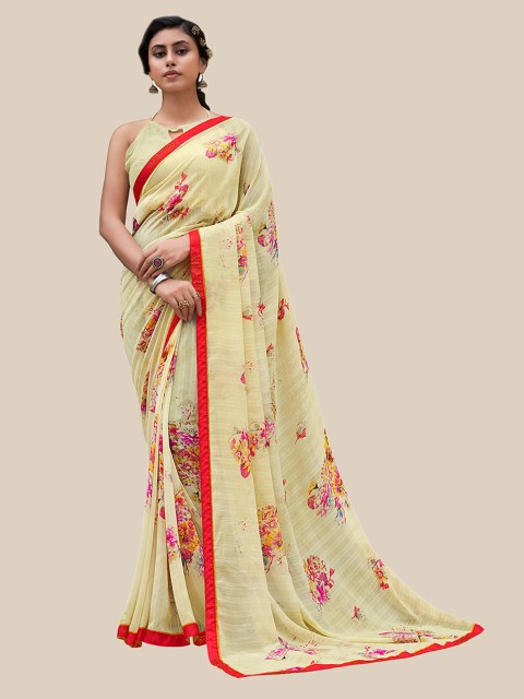 

UNITED LIBERTY Cream-Coloured & Red Floral Zari Pure Georgette Block Print Saree