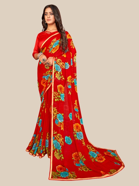 

UNITED LIBERTY Red & Blue Floral Zari Block Print Saree