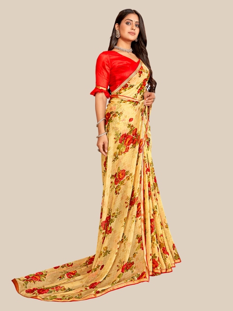 

UNITED LIBERTY Yellow & Red Floral Zari Block Print Saree