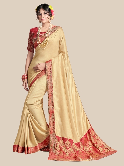 

UNITED LIBERTY Cream-Coloured & Red Jacquard Art Silk Saree