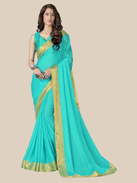 

UNITED LIBERTY Teal Blue & Golden Ethnic Motifs Zari Art Silk Block Print Saree