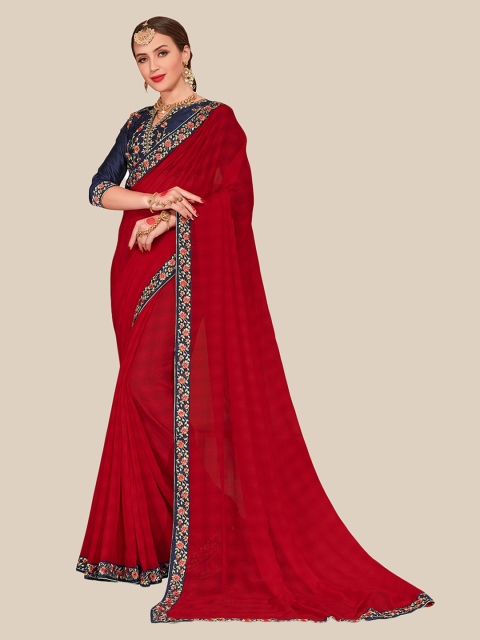 

UNITED LIBERTY Red & Navy Blue Embroidered Art Silk Block Print Saree