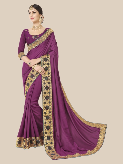 

UNITED LIBERTY Purple & Gold-Toned Zari Art Silk Block Print Saree