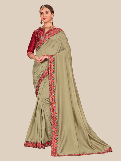 

UNITED LIBERTY Olive Green & Red Embroidered Art Silk Block Print Saree