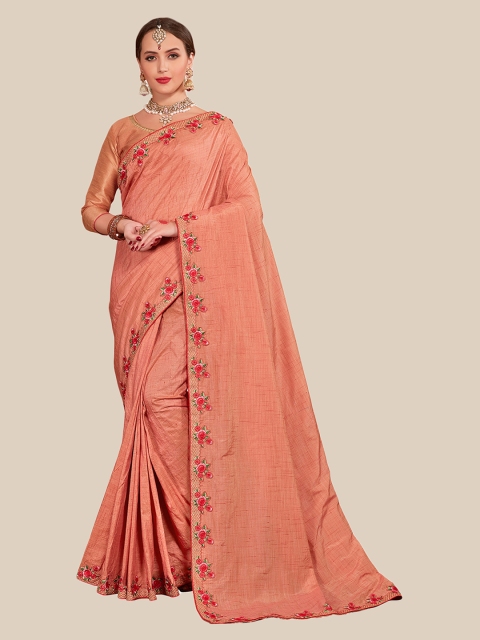 

UNITED LIBERTY Peach-Coloured & Red Embroidered Art Silk Block Print Saree