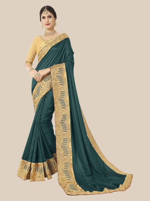 

UNITED LIBERTY Teal & Gold-Toned Zari Art Silk Block Print Saree