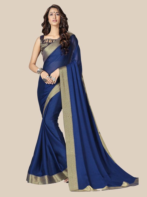 

UNITED LIBERTY Blue & Gold-Toned Zari Art Silk Block Print Saree