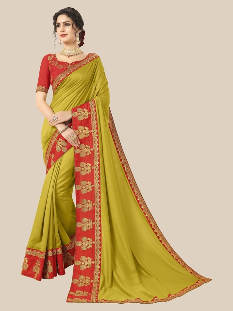 

UNITED LIBERTY Olive Green & Red Embroidered Art Silk Block Print Saree