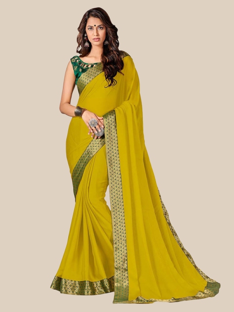 

UNITED LIBERTY Olive Green & Gold-Toned Zari Art Silk Block Print Saree