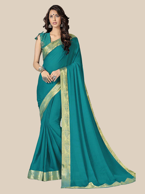 

UNITED LIBERTY Teal & Gold-Toned Zari Art Silk Block Print Saree