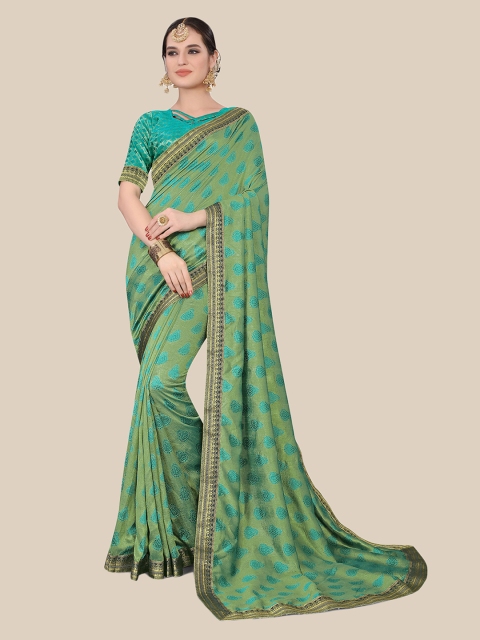 

UNITED LIBERTY Green & Blue Ethnic Motifs Zari Art Silk Block Print Saree