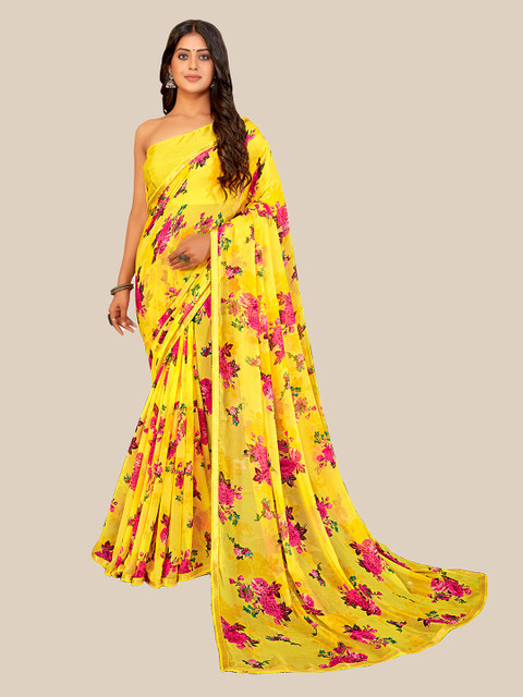 

UNITED LIBERTY Yellow & Pink Floral Poly Georgette Saree