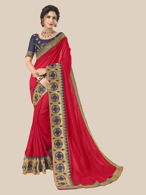 

UNITED LIBERTY Red & Blue Embroidered Art Silk Saree