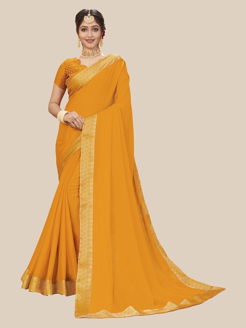 

UNITED LIBERTY Yellow & Gold-Toned Zari Pure Chiffon Block Print Saree