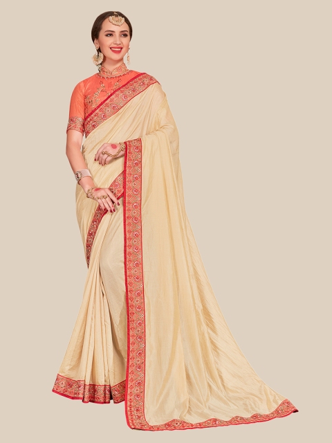 

UNITED LIBERTY Cream-Coloured & Red Floral Zari Art Silk Block Print Saree