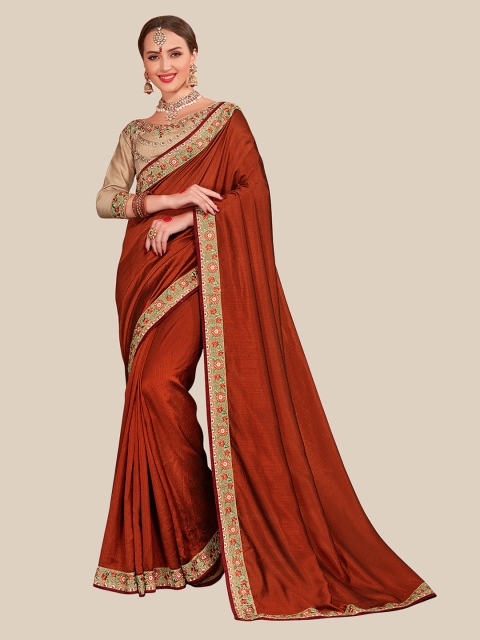 

UNITED LIBERTY Brown & Gold-Toned Zari Art Silk Block Print Saree