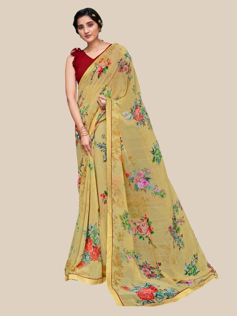 

UNITED LIBERTY Mustard Yellow & Red Floral Pure Georgette Saree