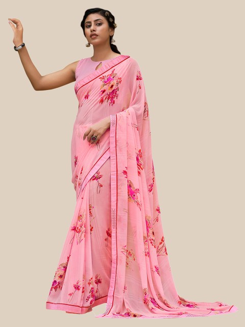 

UNITED LIBERTY Pink Floral Beads and Stones Pure Georgette Block Print Saree