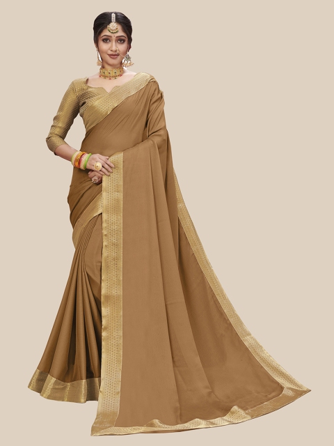 

UNITED LIBERTY Brown & Gold-Toned Zari Art Silk Block Print Saree
