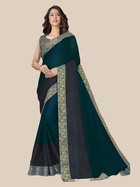 

UNITED LIBERTY Teal & Gold-Toned Zari Pure Chiffon Block Print Saree