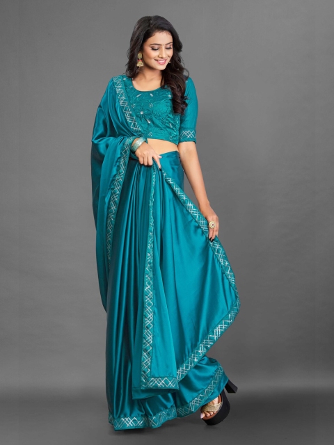 

awesome Turquoise Blue Floral Embroidered Pure Silk Bomkai silk Saree