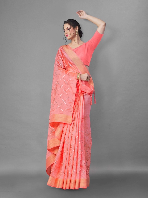 

awesome Pink & Gold-Toned Embellished Sequinned Chanderi Saree