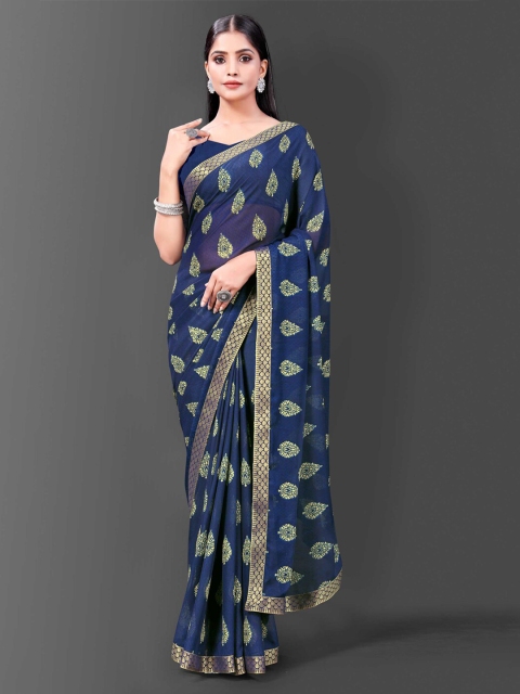 

awesome Navy Blue & Gold-Toned Ethnic Motifs Saree