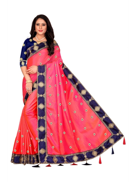 

awesome Pink & Blue Floral Embroidered Pure Silk Ilkal Saree