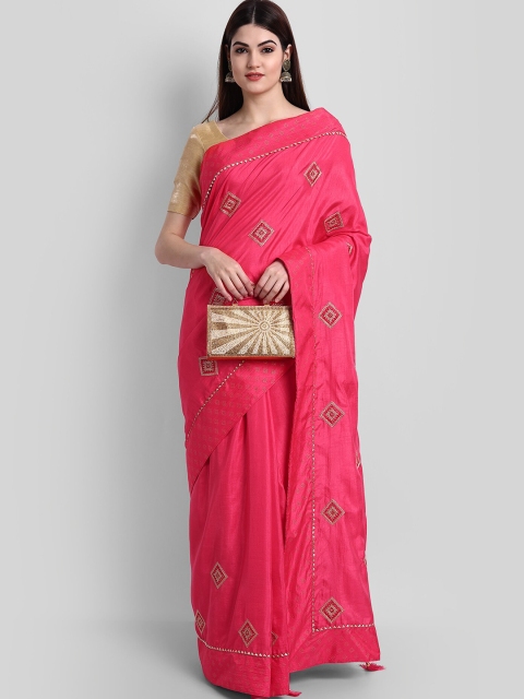 

awesome Pink & Gold-Toned Ethnic Motifs Embroidered Pure Silk Bomkai silk Saree