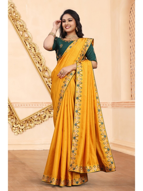 

awesome Mustard Yellow & Green Embroidered Pure Silk Saree