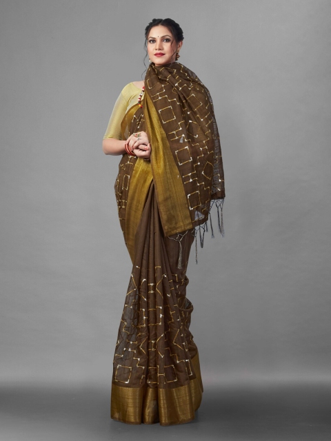 

awesome Brown & Gold-Toned Embellished Sequinned Chanderi Saree