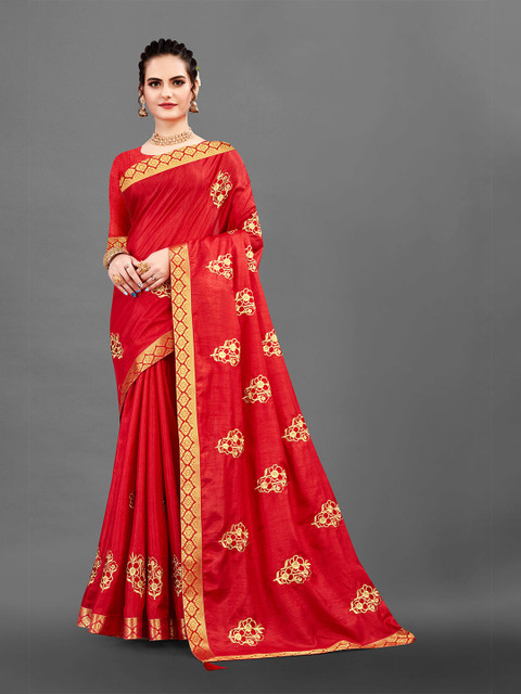 

awesome Red & Gold-Toned Floral Embroidered Zari Pure Silk Saree