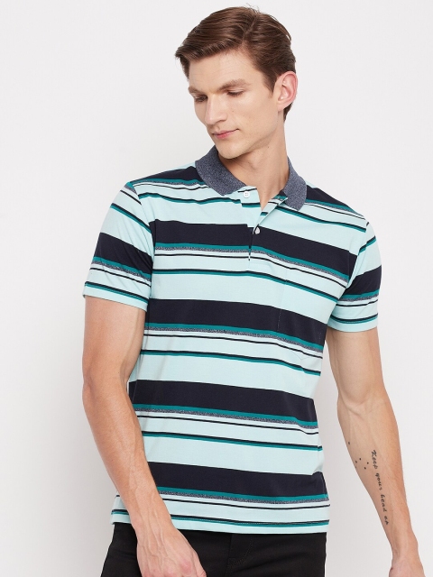 

FirstKrush Men Green & Navy Blue Striped Polo Collar Regular T-shirt