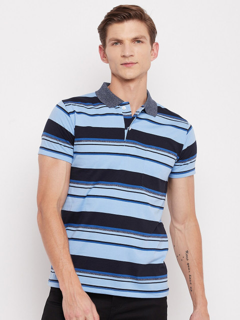 

FirstKrush Men Blue & Navy Blue Striped Polo Collar Regular T-shirt
