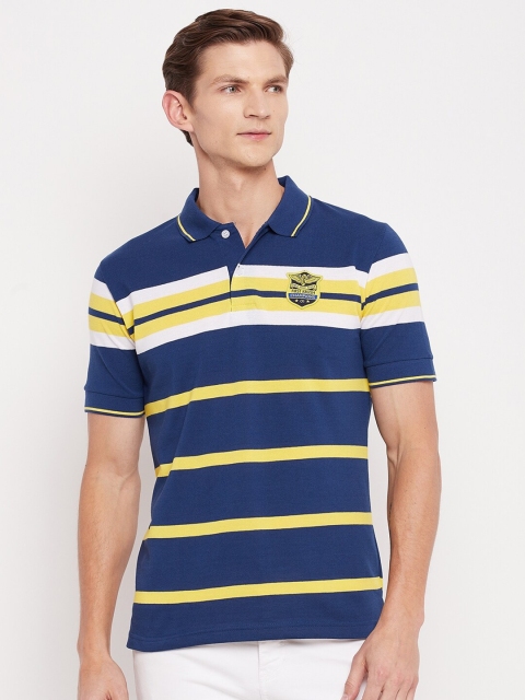 

FirstKrush Men Blue & Yellow Striped Polo Collar Applique Regular T-shirt