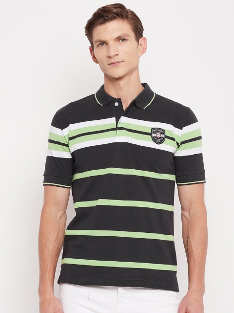 

FirstKrush Men Black & Green Striped Polo Collar Applique Regular T-shirt