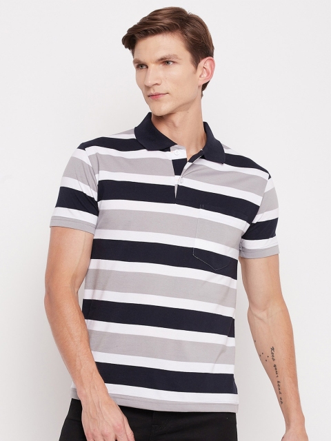 

FirstKrush Men Navy Blue & Grey Striped Polo Collar Regular T-shirt