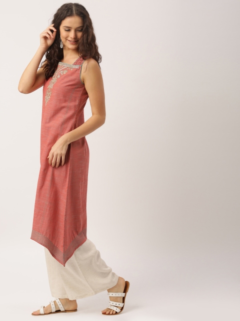 

IMARA Women Rust Red Embroidered A-Line Kurta