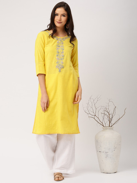 

IMARA Women Yellow Embroidered Straight Kurta