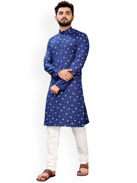 

Nimayaa Men Navy Blue Printed Straight Kurta With Churidar