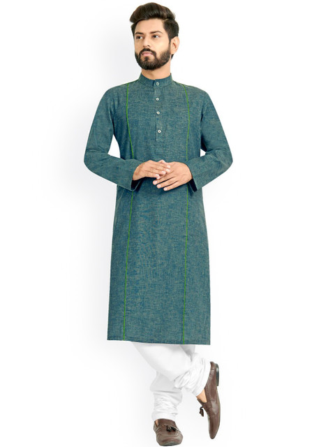 

Nimayaa Men Blue Ethnic Motifs Printed Angrakha Kurta with Skirt