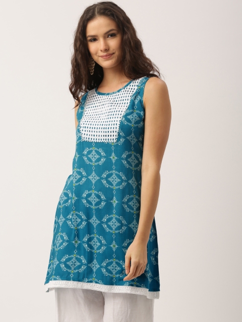 

IMARA Women Blue & White Printed A-Line Kurta