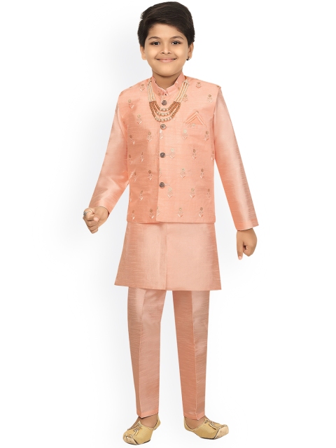 

ahhaaaa Boys Peach-Coloured Silk Blend Kurta with Pyjamas & Nehru Jacket