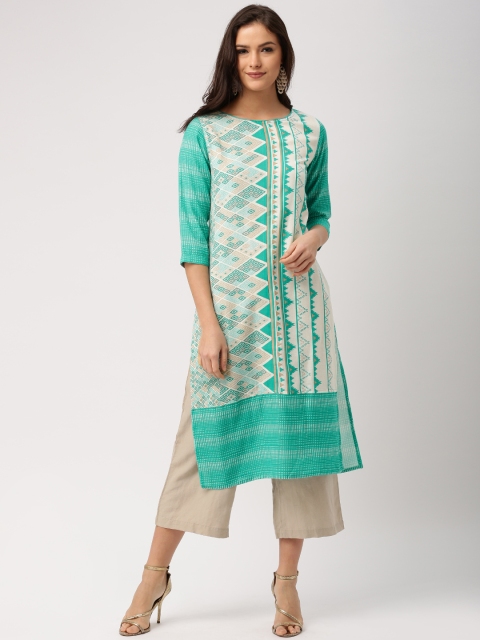 

IMARA Women Off-White & Green Printed Straight Kurta
