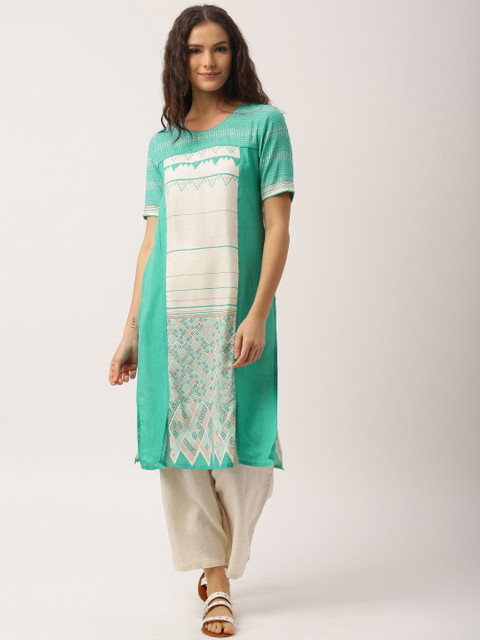 

IMARA Women Green & Off-White Printed Straight Kurta