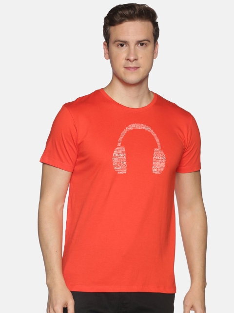 

BLACK RADIO Men Coral Red Typography Printed Slim Fit Cotton T-shirt